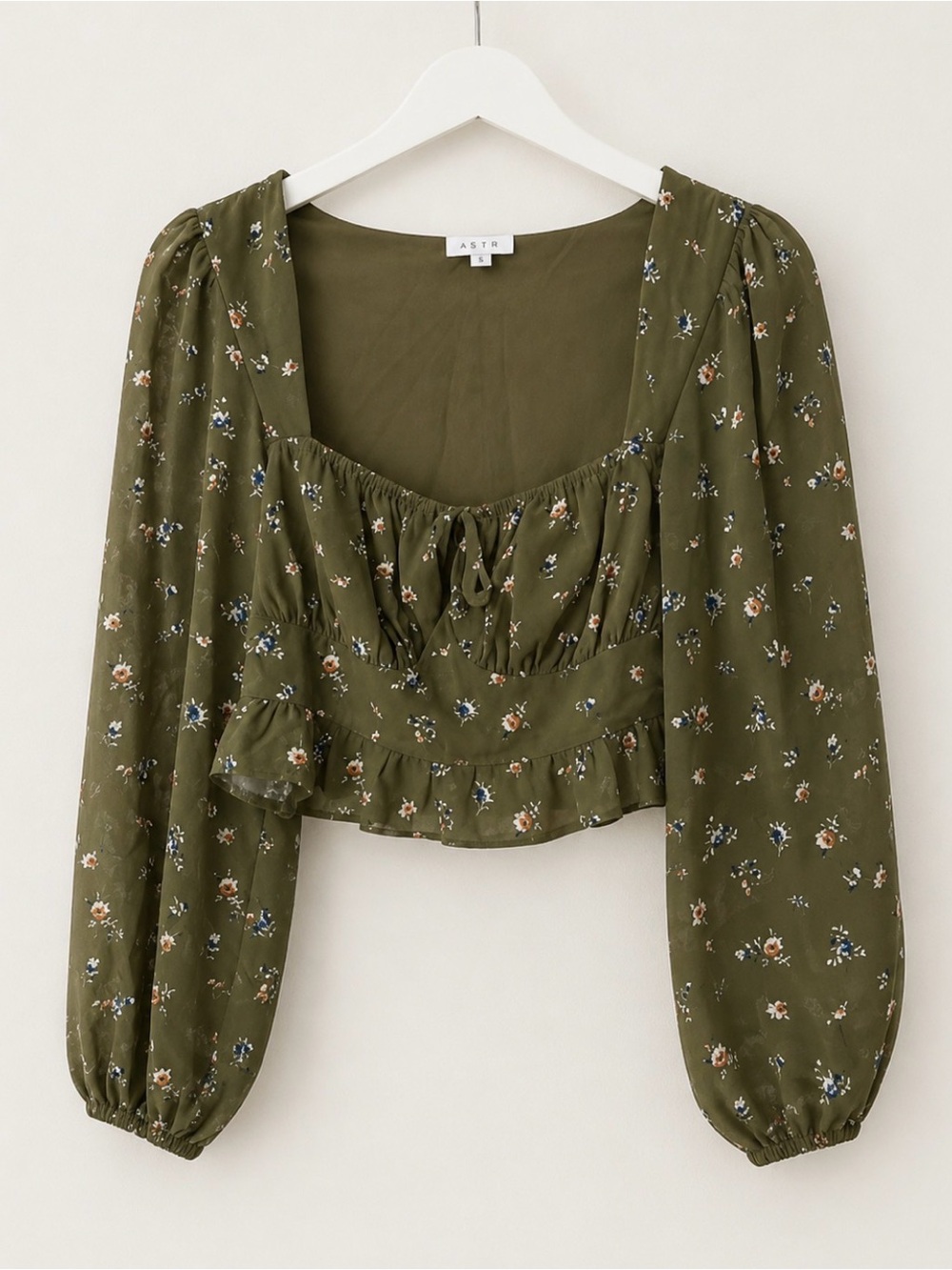 Le Lis Olive Green Floral Cropped Peasant Blouse